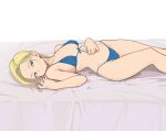  1girl alternate_costume android_18 bed bikini blonde_hair blue_bikini blue_eyes breasts check_commentary commentary_request dragon_ball earrings highres jewelry looking_at_viewer lying medium_breasts navel on_back rokoido12 short_hair side-tie_bikini solo string_bikini swimsuit 