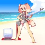  2022 accessory anthro beach bikini blue_eyes canid canine canis clothing domestic_dog eyebrow_through_hair eyebrows eyelashes feet female flat_chested fur hair hair_accessory hair_bow hair_ribbon hi_res humanoid_feet itou_sora kemono kinshun76501 looking_at_viewer mammal open_mouth open_smile outside pattern_bikini pattern_clothing pattern_swimwear plantigrade ribbons seaside smile solo standing striped_bikini striped_clothing striped_swimwear stripes swimwear toy toy_gun translucent translucent_hair water_gun yellow_body yellow_fur 