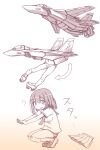  ? aircraft airplane canopy_(aircraft) fighter_jet flying from_side gerwalk gradient_background greyscale haru_(henkei_shoujo) henkei_shoujo highres jet looking_back macross mecha_musume medium_hair military military_vehicle monochrome navel open_hands panties parody roller_skates school_uniform serafuku skates sketch skirt socks squatting transformation underwear unworn_skirt vf-1 what yoshi_(crossmind) 