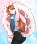  accelo accelo_(character) anthro bell bell_collar butt chest_tuft clothed clothing collar countershading digital_media_(artwork) felid fluffy fluffy_tail fur girly hair hand_behind_head heterochromia hi_res holding_tail inner_ear_fluff leaning leaning_forward leggings legwear long_hair looking_at_viewer male mammal one-piece_swimsuit pantherine pink_body pink_fur red_hair ribbons slim smile snow_leopard solo spots swimwear tight_clothing tongue tongue_out tuft 