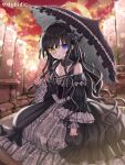  1girl bangs bare_shoulders black_dress black_hair black_umbrella blue_eyes blush breasts cleavage closed_mouth cloud cloudy_sky crescent_moon dress eyebrows_visible_through_hair frilled_dress frilled_umbrella frills gothic_lolita hair_between_eyes heterochromia holding holding_umbrella juliet_sleeves lolita_fashion long_sleeves looking_at_viewer moon off-shoulder_dress off_shoulder original outdoors puffy_sleeves sky sleeves_past_wrists small_breasts solo sunset tongue tongue_out umbrella wide_sleeves yellow_eyes yuuki_rika 