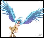  1girl absurdres ahoge artist_name bird_legs black_border blue_hair blue_wings blush border breasts commentary english_commentary eyebrows_visible_through_hair feathered_wings feathers hair_between_eyes harpy highres littlepengo medium_breasts medium_hair monster_girl monster_musume_no_iru_nichijou nipples nude open_mouth papi_(monster_musume) pussy simple_background solo talons white_background winged_arms wings yellow_eyes 