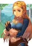  1girl blonde_hair blue_eyes blue_shirt blue_sky braid bright_pupils crown_braid fanny_pack fingerless_gloves gloves hair_ornament hairclip hungry_clicker light_smile lips long_hair looking_at_viewer own_hands_clasped own_hands_together princess_zelda shirt signature sky solo the_legend_of_zelda the_legend_of_zelda:_breath_of_the_wild tree upper_body white_pupils 