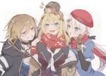  3girls 9a-91_(girls&#039;_frontline) ak-74u_(girls&#039;_frontline) as_val_(girls&#039;_frontline) beret blonde_hair blue_eyes brown_hair eyebrows_visible_through_hair eyes_visible_through_hair girls&#039;_frontline gloves grin hat helmet jacket mod3_(girls&#039;_frontline) multiple_girls open_clothes open_jacket rabb_horn scarf smile stuffed_animal stuffed_toy teddy_bear 