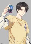  2boys blue_eyes brown_hair casual cellphone determined doran7280 expressionless eyebrows happy_spa highres igarashi_ikki kamen_rider kamen_rider_revice male_focus multiple_boys phone pink_eyes shirt short_hair signature smartphone t-shirt undershirt upper_body vice_(kamen_rider_revice) white_shirt yellow_shirt 