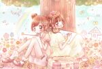  2girls back-to-back barefoot bird brown_eyes brown_hair collared_shirt crayon double_bun drawing dress eyebrows_visible_through_hair flower_(symbol) hand_on_own_chin head_wreath holding holding_crayon lace-trimmed_dress lace_trim low_twintails mary_janes mind_08 multiple_girls musical_note on_ground open_mouth original puffy_short_sleeves puffy_shorts puffy_sleeves rainbow shirt shoes short_sleeves shorts socks tree twintails 
