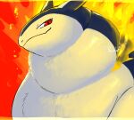  anthro belly big_belly blue_body blue_fur dewlap_(anatomy) double_chin feral fire fur hi_res looking_at_viewer male morbidly_obese nintendo obese overweight po_chf pok&eacute;mon pok&eacute;mon_(species) red_eyes solo typhlosion video_games yellow_body yellow_fur 