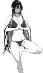  1girl ass_visible_through_thighs bangs bare_shoulders bra breasts closed_mouth collarbone groin groin_tendon hair_between_eyes hair_ribbon haitekudasai_takamine-san highres hiiragi_yuuichi large_breasts long_hair looking_at_viewer monochrome navel one_eye_closed palms_together panties ribbon shiny shiny_hair simple_background solo standing standing_on_one_leg takamine_takane thighs underwear underwear_only very_long_hair yoga 