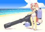  2022 accessory anthro beach bikini blue_eyes canid canine canis clothing domestic_dog eyebrow_through_hair eyebrows eyelashes feet female flat_chested fur gatling_gun gun hair hair_accessory hair_bow hair_ribbon hi_res humanoid_feet itou_sora kemono kinshun76501 machine_gun mammal minigun navel open_mouth open_smile outside plantigrade ranged_weapon ribbons seaside smile solo standing swimwear toy toy_gun translucent translucent_hair water_gun weapon yellow_body yellow_fur 