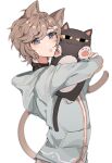  1boy animal_ears black_sweater blue_hoodie cat_boy cat_ears cat_tail grey_eyes highres holding holding_stuffed_toy hood hoodie kanae_(nijisanji) kemonomimi_mode male_focus mei_(adomanju) mole mole_under_eye nijisanji parted_lips roto_(kanae) solo stuffed_animal stuffed_cat stuffed_toy sweater tail upper_body virtual_youtuber white_background 