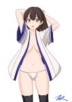  1girl alternate_hairstyle arms_behind_head ass_visible_through_thighs black_legwear breasts brown_eyes brown_hair cowboy_shot fundoshi hair_down highres japanese_clothes kaga_(kancolle) kaga_kai_ni_(kancolle) kantai_collection long_hair looking_at_viewer medium_breasts open_clothes panties simple_background skirt solo t2r thighhighs underwear white_background white_panties 