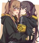  2girls 3_small_spiders absurdres bangs black_gloves black_jacket blush bow brown_eyes brown_hair closed_mouth eyebrows_visible_through_hair fingerless_gloves girls&#039;_frontline gloves hair_bow hair_ornament hairclip highres hood hooded_jacket hug hug_from_behind jacket long_hair looking_at_viewer multiple_girls open_mouth scar scar_across_eye side_ponytail simple_background smile sweatdrop twintails ump45_(girls&#039;_frontline) ump9_(girls&#039;_frontline) upper_body 