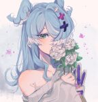  1girl bad_id bad_twitter_id blue_eyes blush collarbone elira_pendora flower gloves grey_gloves hair_over_one_eye head_wings holding holding_flower long_hair mei_(adomanju) mole nijisanji nijisanji_en off_shoulder one_eye_covered portrait rose single_glove solo sweater virtual_youtuber white_flower white_rose white_sweater 