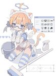  1girl absurdres ahoge angel_wings animal_ears apron arm_warmers back_bow bandaged_tail bandaid bandaid_on_leg bangs blue-framed_eyewear blue_eyes blue_legwear blue_panties blunt_bangs bottle bow bucket cat_ears cat_girl cat_tail closed_mouth colored_eyelashes crop_top cursor cuts daizu_(melon-lemon) detached_ahoge empty_eyes english_text extra_ears frilled_apron frilled_hairband frills from_above from_side full_body glasses hair_ornament hairband hairclip halo hands_on_own_cheeks hands_on_own_face hands_up heads-up_display health_bar heart highres horizontal_stripes icon_(computing) injury jaggy_lines legs_apart light_frown limited_palette looking_at_viewer looking_up maid maid_headdress mismatched_eyelashes mop muted_color no_nose no_pants no_shoes orange_hair original pale_color panties puffy_short_sleeves puffy_sleeves sad self_harm semi-rimless_eyewear shadow short_hair short_sleeves short_twintails side-tie_panties single_tear solo spike_ball spikes spray_bottle squatting string_panties striped striped_legwear sweat tail tail_raised tearing_up tears thick_eyelashes thighhighs tiptoes twintails under-rim_eyewear underwear user_interface v_arms white_apron white_background white_bow white_hairband white_wings window_(computing) wing_collar wings 