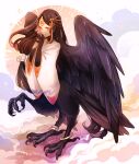  1girl animal_hands anklet bangs bird_legs black_feathers black_hair black_wings cloud commentary_request extra_legs feathered_wings feathers forehead_tattoo harpy highres hogara jewelry long_hair monster_girl original parted_bangs solo wide_sleeves wings yatagarasu 