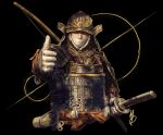  1boy armor covered_mouth elden_ring gloves helmet highres japanese_armor kabuto katana looking_at_viewer male_focus mask max58art mouth_mask samurai scabbard sheath sheathed shoulder_armor sode solo sword tarnished_(elden_ring) thumbs_up upper_body weapon white_gloves 