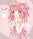  1girl back_bow blush bow brown_eyes brown_hair cherry cup dress drinking_straw english_text eyebrows_visible_through_hair food fruit gingham_dress heart heart_in_eye holding holding_cup holding_straw mind_08 nail_polish original parfait pinafore_dress simple_background solo symbol_in_eye tareme twintails 