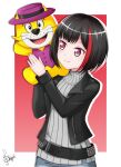  1boy 1girl animal animal_ears architecture bang_dream! belt belt_buckle black_hair black_jacket blush buckle cat cat_ears commentary_request commission eyebrows_visible_through_hair face-to-face funny_cat gothic gothic_architecture grey_shirt highres holding_hands jacket looking_at_another mitake_ran open_mouth pixiv_request pointing_at_another purple_eyes purple_skirt red_background red_hair shipped_art shirt short_hair skirt smile stuffed_animal stuffed_toy top_cat_(character) top_cat_(series) twitter_username white_background yellow_fur 