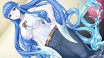  1girl absurdly_long_hair artist_request bangs belt blue_eyes blue_hair blue_skin blunt_bangs breasts colored_skin couch crop_top denim dina_(monster_musume) eyebrows_visible_through_hair game_cg hand_on_hip jeans large_breasts liquid_hair long_hair midriff monster_musume_no_iru_nichijou monster_musume_no_iru_nichijou_online official_art pants parted_lips pointy_ears semi-transparent underboob very_long_hair 