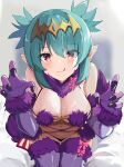  1girl absurdres artist_request bangs bare_shoulders blue_hair blush breasts commission cosplay elbow_gloves english_commentary eyebrows_visible_through_hair fate/grand_order fate_(series) fur-trimmed_gloves fur_collar fur_trim gloves highres humanization indie_virtual_youtuber large_breasts lincoro looking_at_viewer mash_kyrielight mash_kyrielight_(dangerous_beast) mash_kyrielight_(dangerous_beast)_(cosplay) navel o-ring pointy_ears purple_gloves red_eyes revealing_clothes second-party_source short_hair short_twintails solo thighhighs twintails virtual_youtuber 