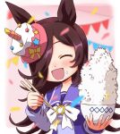  1girl :d ^_^ animal_ears birthday blurry blurry_background blush bow bowl bowtie brown_hair cake_hat chopsticks closed_eyes confetti facing_viewer food food_on_face hair_over_one_eye highres holding holding_bowl holding_chopsticks horse_ears inoue_kouji long_hair long_sleeves open_mouth purple_shirt rice rice_bowl rice_on_face rice_shower_(umamusume) sailor_collar school_uniform shirt smile solo string_of_flags tracen_school_uniform umamusume white_bow white_bowtie 