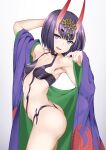  1girl ass bangs bare_shoulders bob_cut breasts collarbone eyeliner fate/grand_order fate_(series) headpiece highres horns japanese_clothes kimono long_sleeves looking_at_viewer makeup oni oni_horns open_mouth purple_eyes purple_hair purple_kimono revealing_clothes short_hair shuten_douji_(fate) skin-covered_horns small_breasts smile solo wide_sleeves yamachi_(xadp7533) 