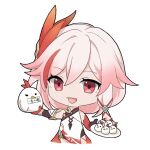  1girl :d bangs bare_shoulders bird brown_gloves chibi chick china_dress chinese_clothes dress elbow_gloves fu_hua fu_hua_(phoenix) gloves hair_ornament holding holding_plate honkai_(series) honkai_impact_3rd long_hair looking_at_viewer multicolored_hair open_mouth plate ponytail red_eyes red_gloves red_hair simple_background sleeveless sleeveless_dress smile solo streaked_hair white_background white_dress white_hair yanwoshiro15360 