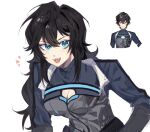  1boy 1girl axia_krone bangs black_hair blue_eyes bodysuit breasts cleavage cleavage_cutout clothing_cutout fangs genderswap genderswap_(mtf) grey_bodysuit leaning_forward long_hair medium_breasts mei_(adomanju) nijisanji open_mouth reference_inset smile solo_focus upper_body v-shaped_eyebrows white_background 