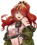  1girl :d bandeau bangs bare_shoulders black_gloves black_hair breasts commentary_request fingerless_gloves gloves green_jacket gun hair_over_one_eye handgun highres holding holding_gun holding_weapon jacket lain_paterson large_breasts long_hair long_sleeves looking_at_viewer midriff multicolored_hair navel nijisanji off_shoulder open_clothes open_jacket open_mouth pistol pouch purple_eyes red_hair simple_background smile solo stomach strapless streaked_hair suspenders toto_(chocototo23) tube_top upper_body weapon white_background 