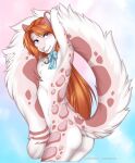  accelo accelo_(character) anthro bell bell_collar butt chest_tuft collar countershading felid fluffy fluffy_tail fur girly hair hand_behind_head heterochromia hi_res holding_tail inner_ear_fluff leaning leaning_forward long_hair looking_at_viewer male mammal naturally_censored nude pantherine pink_body pink_fur red_hair ribbons side_view slim smile snow_leopard solo spots standing tasteful_nudity tongue tongue_out tuft 