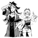  1boy 1girl adaman_(pokemon) bandaged_hand bandages bangs blush breasts cleavage genderswap genderswap_(ftm) genderswap_(mtf) greyscale hand_in_pocket ireading irida_(pokemon) jewelry lips long_hair monochrome neck_ring parted_lips pokemon pokemon_(game) pokemon_legends:_arceus shirt shorts simple_background strapless strapless_shirt sweat very_long_hair w waist_cape 