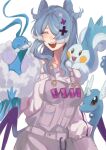  ^_^ bad_id bad_twitter_id black_eyes blue_theme blush breasts closed_eyes color_connection dratini elira_pendora fang gloves grey_gloves grey_overalls head_wings medium_breasts mei_(adomanju) nijisanji nijisanji_en off_shoulder open_mouth overall_shorts overalls pachirisu pokemon pokemon_(creature) purple_eyes single_glove smile swablu sweater virtual_youtuber white_sweater 