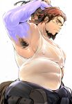  1boy absurdres armpit_hair armpits bags_under_eyes bara boogeyman_(housamo) brown_hair colored_skin commentary_request facial_hair goatee highres isuke long_sideburns male_focus mature_male multicolored_hair muscular muscular_male purple_skin red_eyes scar scar_on_face sideburns solo tokyo_afterschool_summoners 
