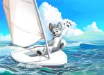  2022 4_fingers 4_toes anthro barefoot biped black_nose blue_eyes blue_sky boat canid canine canis cheek_tuft cloud cute_fangs day detailed_background digital_media_(artwork) dinghy_(sailing_boat) domestic_dog eyebrows facial_tuft feet fingers fur gesture glistening glistening_eyes grey_body grey_fur grey_pawpads happy head_tuft hi_res holding_object husky inner_ear_fluff kelby lake laser_(dinghy) laserperformance male mammal multicolored_body multicolored_fur navel nordic_sled_dog nude open_mouth open_smile outside pandapaco pawpads photoshop plantigrade prick_ears raised_arm sailing_boat sailing_watercraft siberian_husky signature sitting sky smile soles solo spitz tan_inner_ear_fluff toes tongue tuft vehicle water watercraft wave waving white_body white_fur 