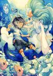  1boy air_bubble antenna_hair bangs black_hair black_pants blue_footwear blue_theme brionne bubble capri_pants commentary_request day elio_(pokemon) full_body highres looking_at_another luvdisc male_focus ocean outdoors pants pokemon pokemon_(game) pokemon_sm popplio primarina shirt shoes short_hair short_sleeves sneakers solo_focus striped striped_shirt submerged swept_bangs swimming t-shirt twitter_username underwater water watermark yamanashi_taiki 
