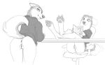  amelie_(lf) anthro blush book bottomless butt canid canine canis chair clothed clothing domestic_dog female furniture genitals husky lf looking_at_viewer looking_back mammal monochrome nordic_sled_dog pawpads paws pussy sitting solo spitz 