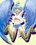  1girl ahoge bare_shoulders blue_feathers blue_hair blue_wings breasts commentary_request denim denim_shorts dotted_background feathered_wings feathers harpy monster_girl monster_musume_no_iru_nichijou navel open_mouth papi_(monster_musume) short_shorts shorts small_breasts solo talons tori_smell underboob winged_arms wings yellow_background yellow_eyes 