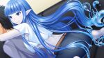  1boy 1girl absurdly_long_hair artist_request bangs belt blue_eyes blue_hair blue_skin blunt_bangs breasts colored_skin couch crop_top denim dina_(monster_musume) eyebrows_visible_through_hair game_cg hug hug_from_behind jeans large_breasts liquid_hair long_hair midriff monster_musume_no_iru_nichijou monster_musume_no_iru_nichijou_online official_art on_couch pants pointy_ears underboob very_long_hair 