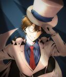  1boy absurdres artist_name blue_background blue_shirt brown_hair cape commentary_request formal gloves happy hat highres kaitou_kid looking_at_viewer magic_kaito meitantei_conan monocle necktie red_necktie sasano-01 shirt short_hair smile solo standing suit top_hat twitter_username white_cape white_gloves white_suit 