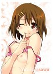  azu blush bra bra_lift breasts brown_eyes brown_hair finger_to_mouth hair_ornament hairclip highres hirasawa_yui k-on! lingerie nipples one_eye_closed small_breasts smile solo topless underwear 