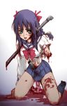  amputee blood blue_hair female girl green_eyes guro hoshimura_makina intestines kneehighs mutilation pipe purple_hair school_uniform serafuku shikabane_hime solo 