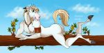  anthro blue_eyes butt cloud equine feathers flower grin hair heath_cruiser hooves horse jenery jewelry long_hair long_tail looking_at_viewer lying male mammal necklace nipples nude plant public public_nudity smile teeth trunk 