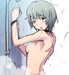  back bracelet breasts choker copyright_request green_hair grey_hair jewelry looking_at_viewer nipples nude painpa purple_eyes short_hair showering small_breasts solo steam upper_body 
