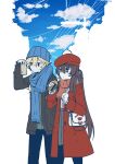  1boy 1girl absurdres aether_(genshin_impact) alternate_costume alternate_hairstyle annoyed arm_up bag beanie beret black_pants blonde_hair blue_scarf blue_sky braid brown_hair brown_jacket can canned_coffee cloud cloudy_sky commission genshin_impact gloves greedydeviant green_shirt hair_between_eyes handbag hat highres hu_tao_(genshin_impact) jacket long_hair pants pantyhose parted_lips pleated_skirt ponytail red_scarf scarf shirt single_braid skirt sky trench_coat white_gloves white_shirt winter_clothes 