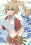  1girl blonde_hair blue_eyes breasts chrono_cross cleavage copyright_name crop_top enuko gloves highres jewelry kid_(chrono_cross) long_hair looking_at_viewer midriff multi-tied_hair navel necklace open_mouth ponytail skirt smile solo vest 
