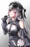  1girl :d arm_up azur_lane bangs black_gloves black_headwear blue_eyes breasts closed_mouth cross dress elbe_(azur_lane) eyebrows_visible_through_hair gloves grey_background grey_dress hair_ribbon highres iron_cross long_hair looking_at_viewer medium_breasts multicolored_eyes naga_(pixiv70891418) purple_eyes ribbon silver_hair smile solo standing v 