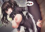  1boy 1girl black_hair black_legwear blush breasts breasts_out commentary_request english_commentary eyebrows_visible_through_hair girls&#039;_frontline hair_between_eyes hetero indoors large_breasts long_hair mask mask_around_neck mingke nipples open_mouth pantyhose partial_commentary penis pussy respirator sangvis_ferri scarecrow_(girls&#039;_frontline) sex solo_focus speech_bubble spoken_character torn_clothes torn_legwear twintails uncensored vaginal yellow_eyes 