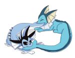  3_fingers 3_toes bite black_eyes black_nose blue_body dorsal_fin duo eeveelution eyes_closed feet feral fin fingers frill_(anatomy) hi_res male nintendo nom pok&eacute;mon pok&eacute;mon_(species) simple_background spcrossing tail_bite tail_in_mouth toes vaporeon video_games white_background 