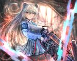  1girl :o absurdres animal_ears arknights armband bear_ears black_legwear blue_eyes blue_hair blue_neckwear buttons chain coat grey_hair gun hair_between_eyes harpoon_gun heterochromia highres holding holding_gun holding_weapon long_hair looking_at_viewer mame_(mame3737) multicolored_hair pantyhose pink_hair red_eyes rosa_(arknights) sketch solo streaked_hair very_long_hair weapon white_coat 