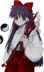  1girl b_nosk101 bow closed_mouth commentary_request cowboy_shot detached_sleeves eyebrows_visible_through_hair gohei hair_bow hair_tubes hakama hakama_skirt hakurei_reimu hakurei_reimu_(pc-98) highres holding holding_stick japanese_clothes long_hair looking_at_viewer miko orb purple_eyes purple_hair red_bow red_skirt ribbon_trim simple_background skirt solo stick touhou white_background yin_yang yin_yang_orb 